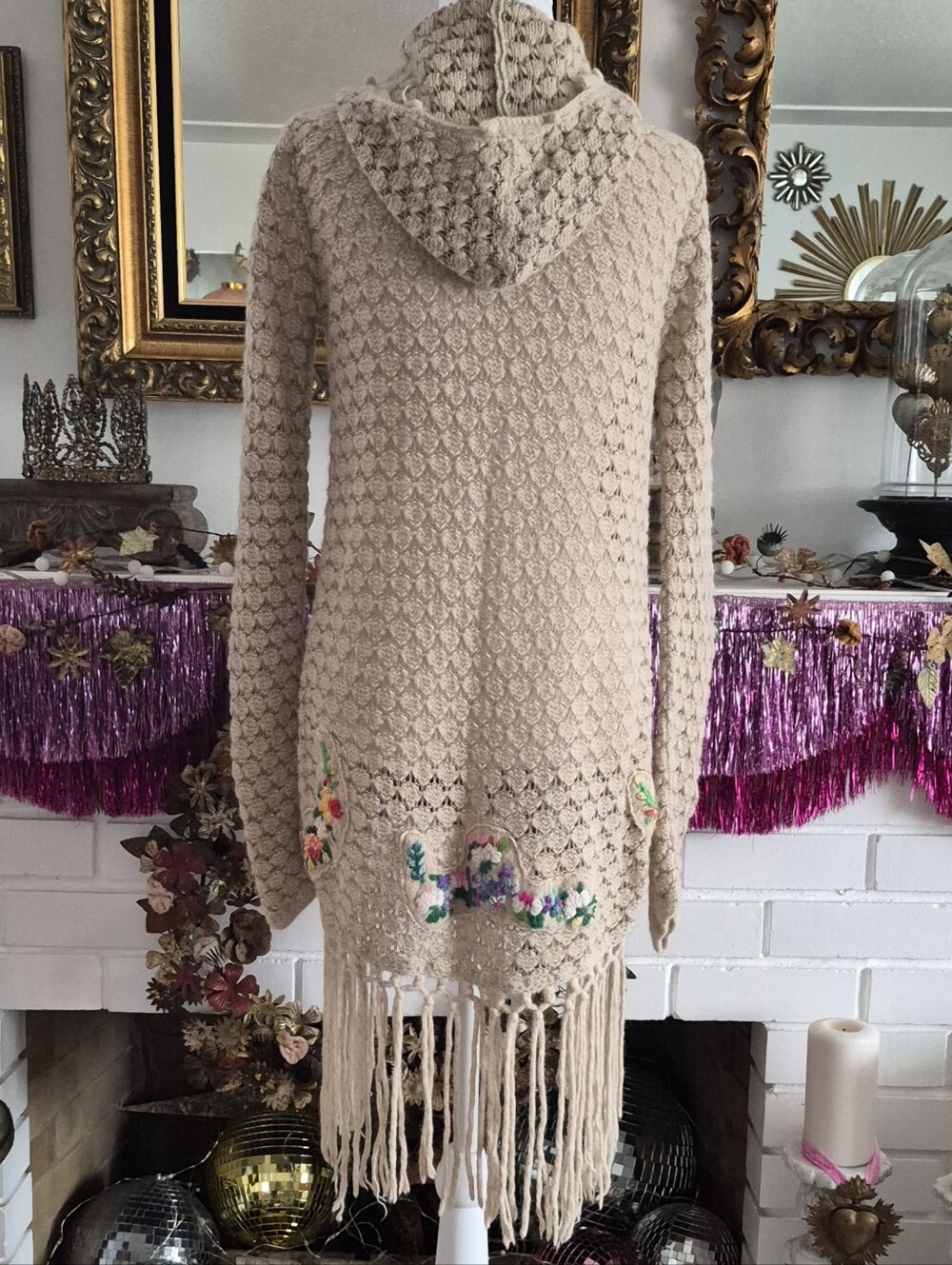 Free People Boho Crochet Fringe Cardigan Sweater - Beige with Floral Embroidery - Picture 3 of 5